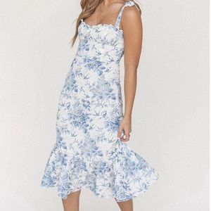 Blue and White Tie Strap Floral Midi dress